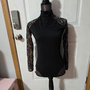 Black Long Sleeve Body Suit With Lace Sleeves